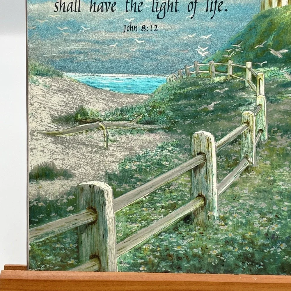 Vintage 1980s Christian Lighthouse Wall Hanging John 8:12 Foil‎ Art Plaque 9x7
